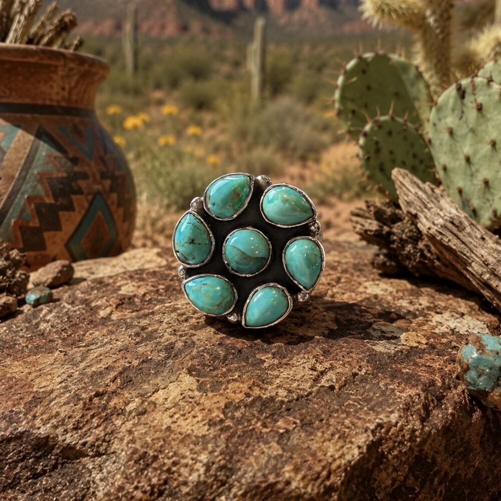 Stunning Kingman Turquoise Cluster Ring In Sterling Silver Ring w Accent Beads